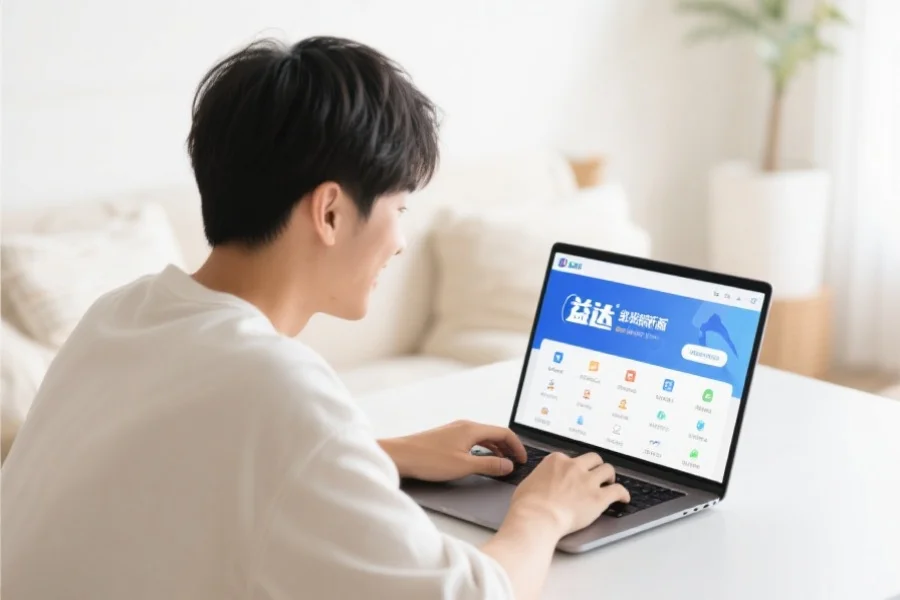 一位年轻用户在明亮舒适的室内环境中愉快地使用笔记本电脑，屏幕上展示新币2客户端新版界面